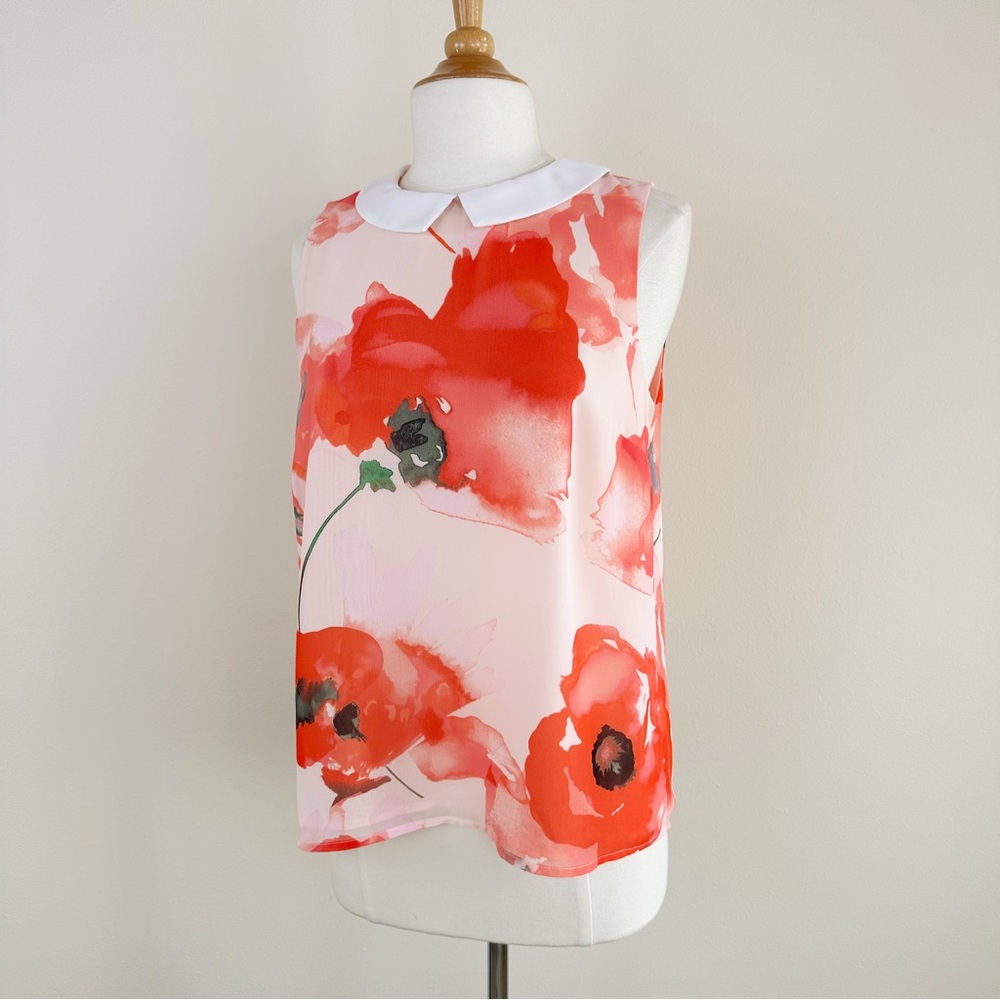 CeCe Red Poppies Sleeveless Pete Pan Blouse Size S